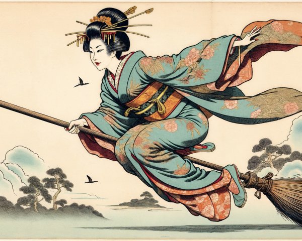 Japanese Woodblock Print of Woman on Broomstick