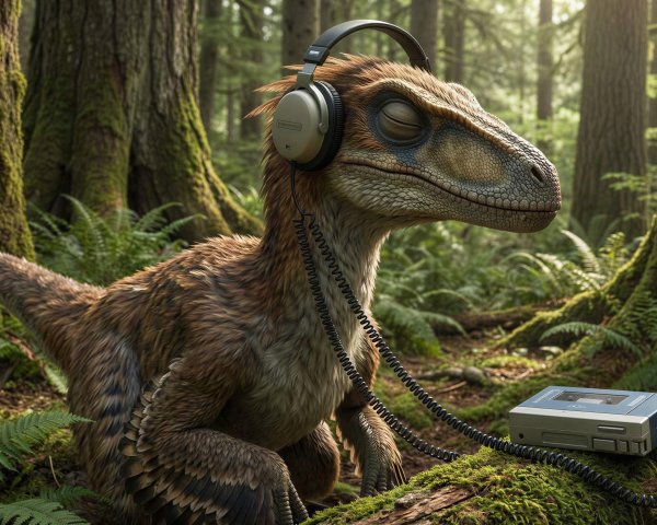 Feathered Dinosaur in Lush Forest with Headphones