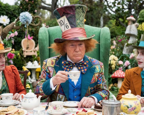 Dreamlike Garden Scene Featuring Mad Hatter Character