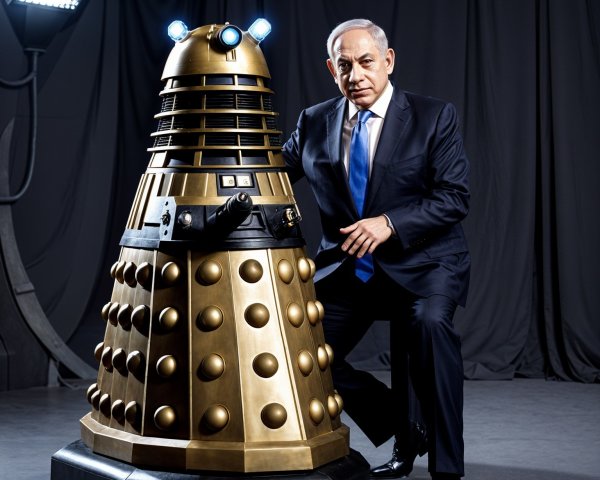 Man in Suit Poses with Iconic Metallic Dalek