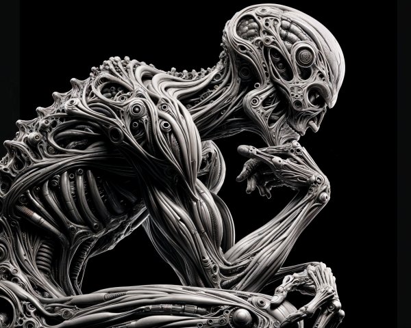 Stylized humanoid figure with biomechanical details