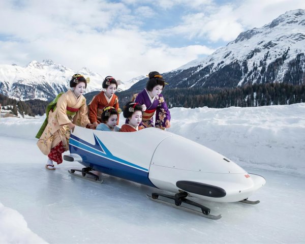 Geishas on Bobsleigh in Snowy Mountain Landscape