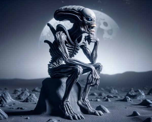 Alien Figure on Rocky Surface in Lunar Landscape