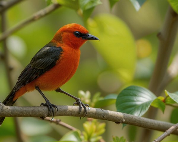 Vibrant Bird with Orange Plumage on Green Branch