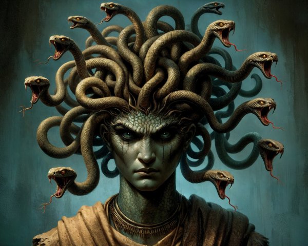 Mythical figure with snake hair and intense gaze