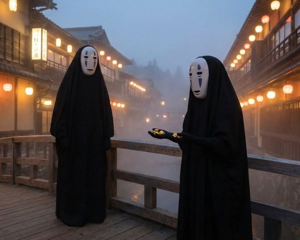 No-Face Figures on Bridge at Dusk in Japan