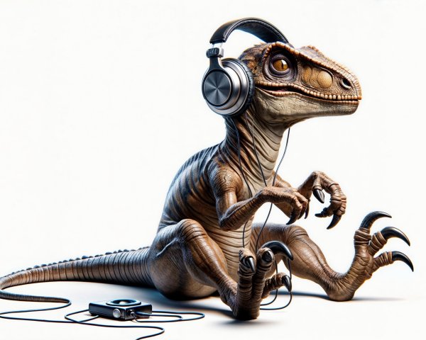 Dinosaur with Headphones Engaged in Music Listening