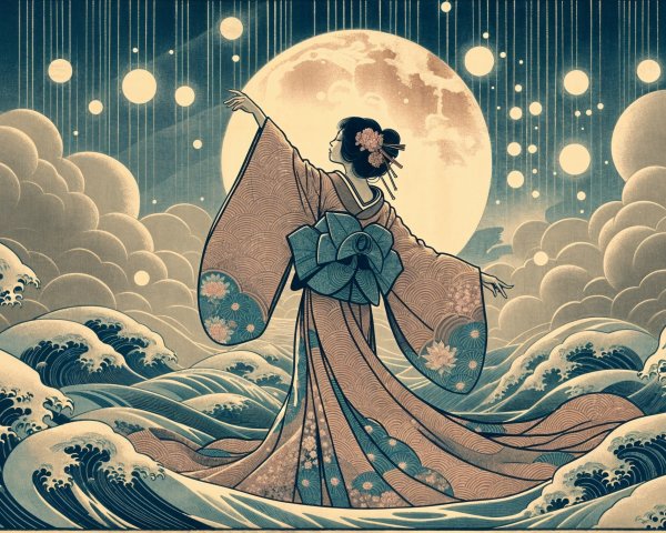 Woman in Kimono Reaching for Full Moon and Waves