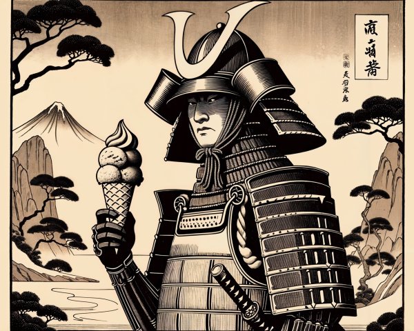 Samurai in Armor with Ice Cream in Serene Landscape