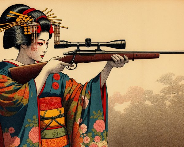 Woman in Traditional Kimono Aiming Vintage Rifle
