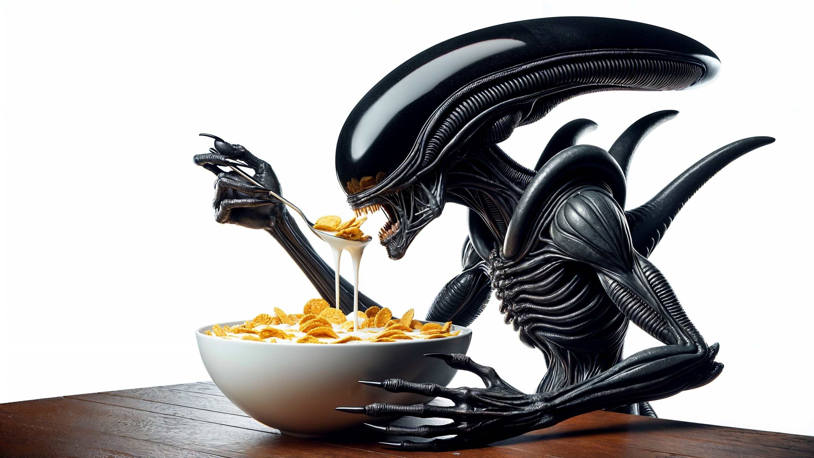 Alien Creature Enjoying Cereal at a Wooden Table