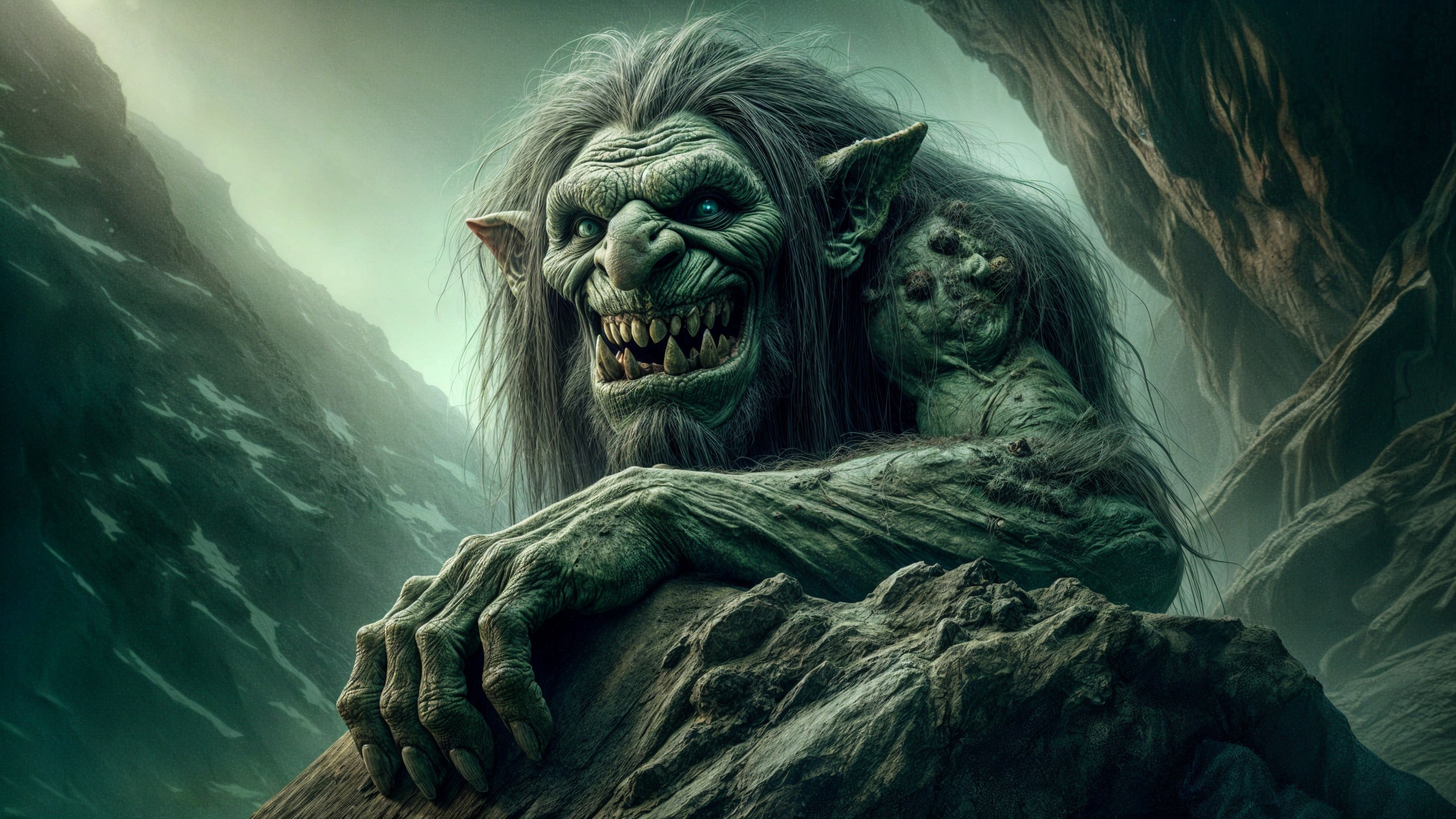 Troll in Rocky Cave with Green Skin and Fierce Expression