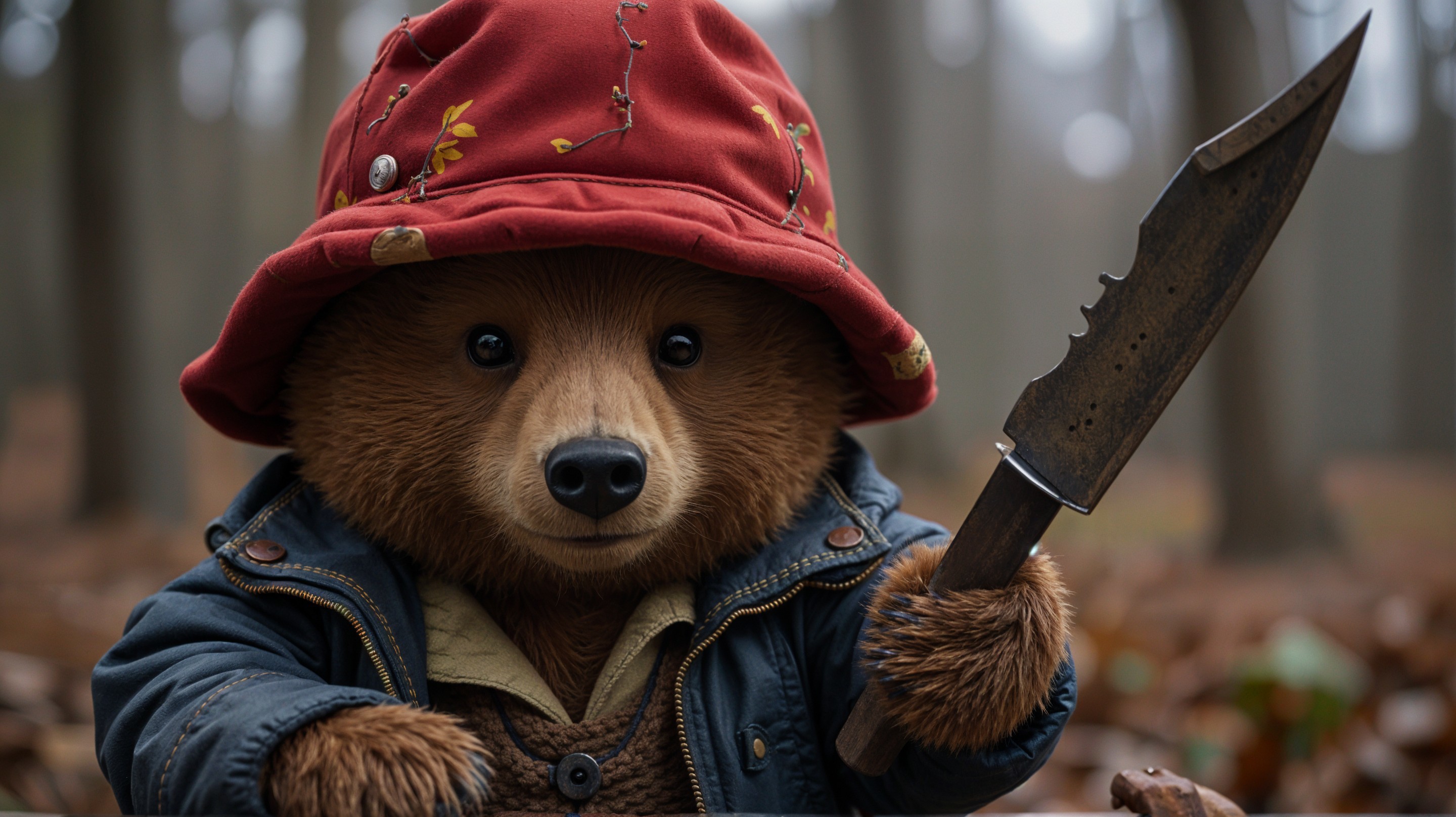 Bear in Red Hat and Blue Jacket in Autumn Forest