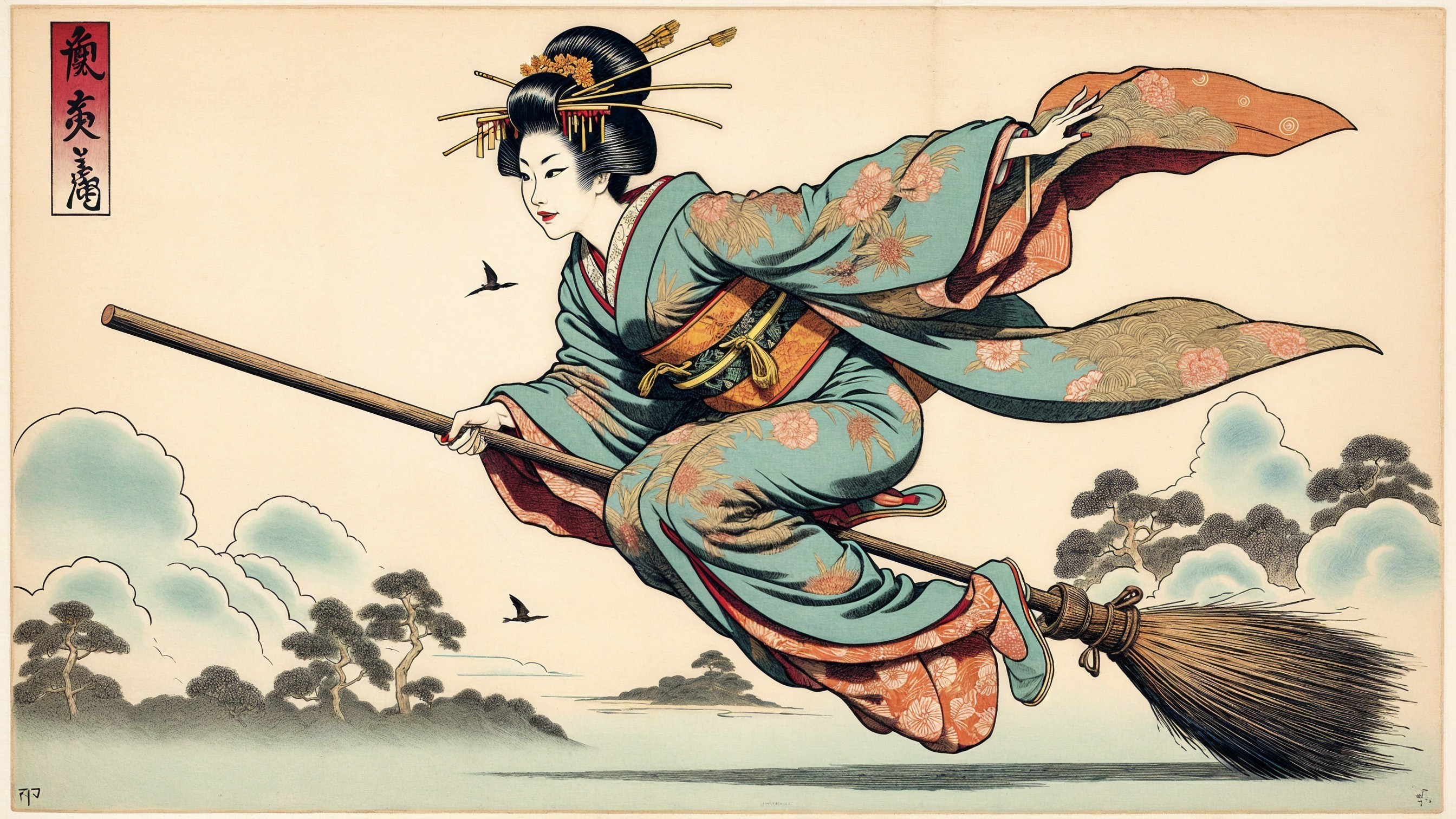 Japanese Woodblock Print of Woman on Broomstick