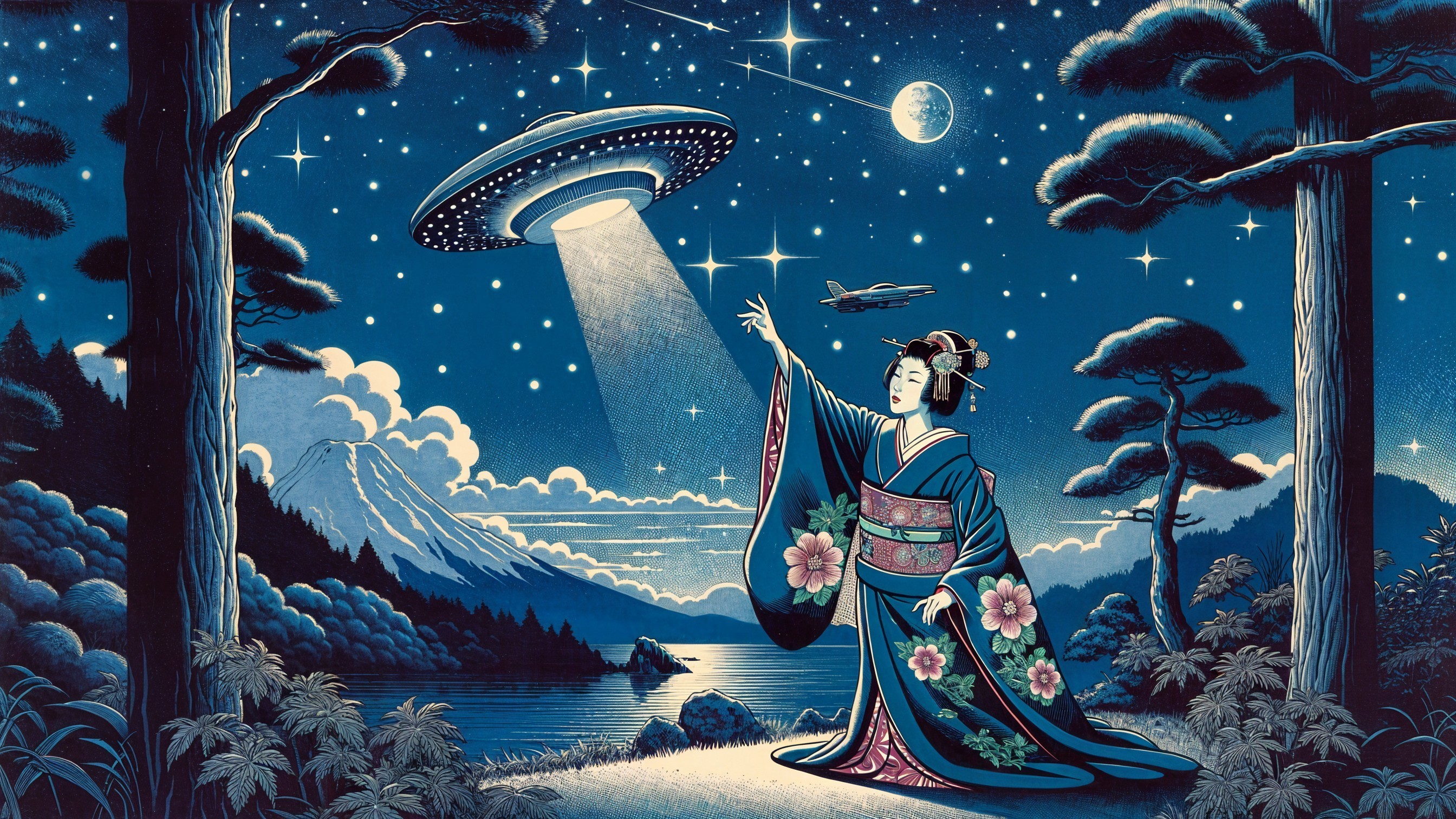 Woman in Kimono by Lake Under UFO and Stars