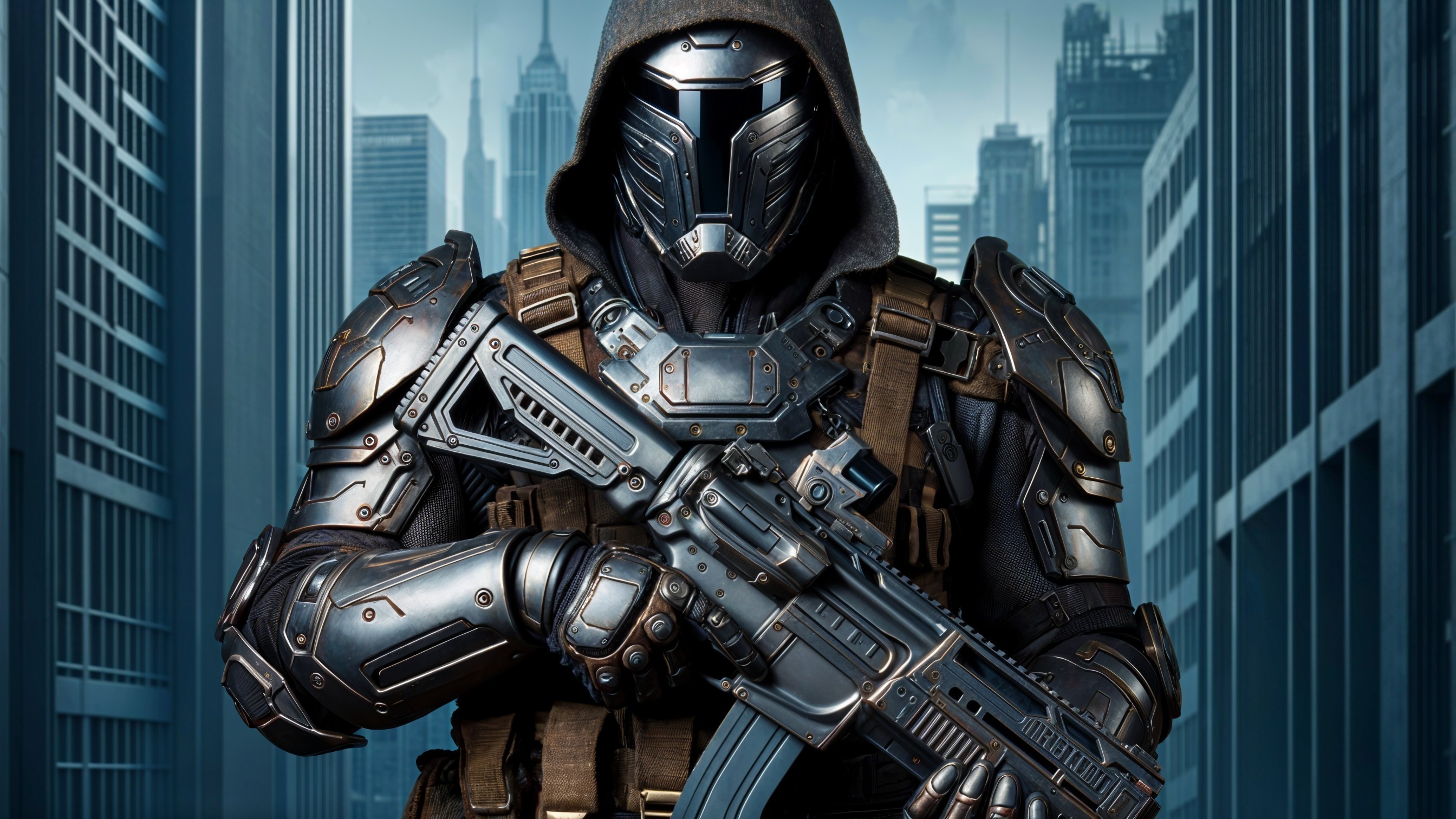 Futuristic Armored Soldier in Urban Landscape
