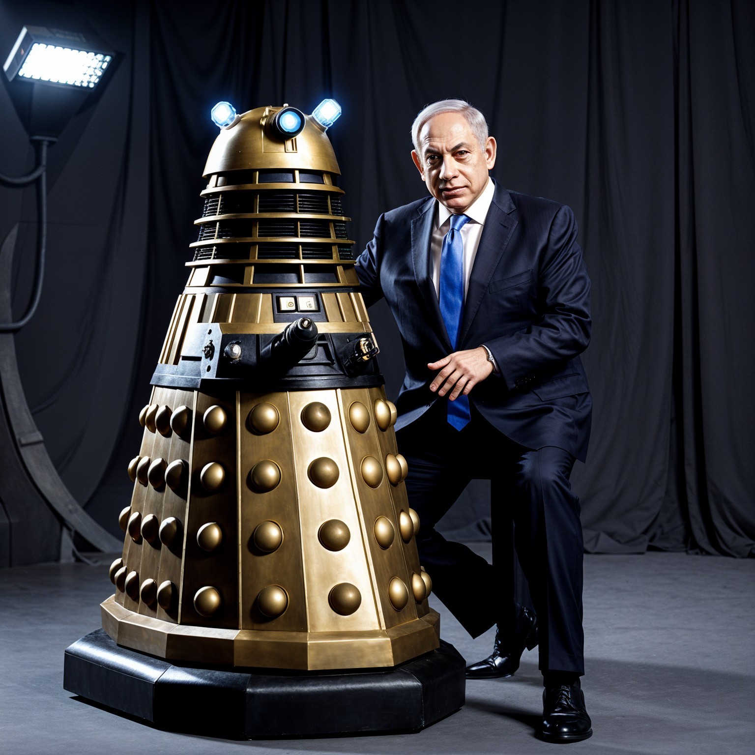 Man in Suit Poses with Iconic Metallic Dalek