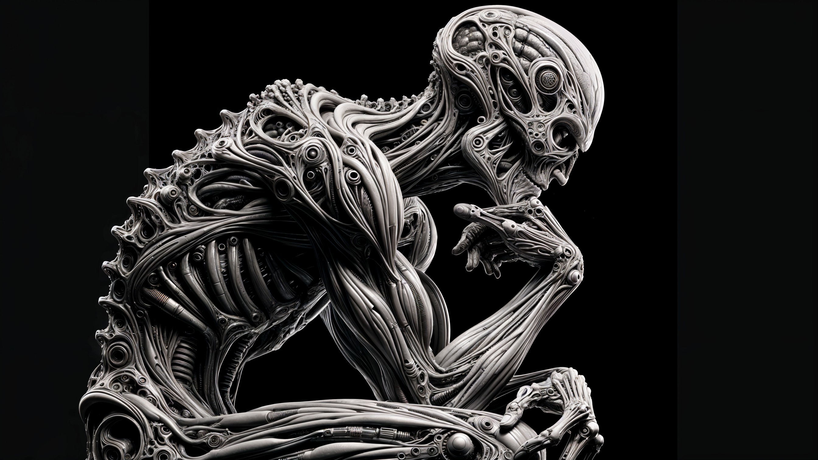 Stylized humanoid figure with biomechanical details