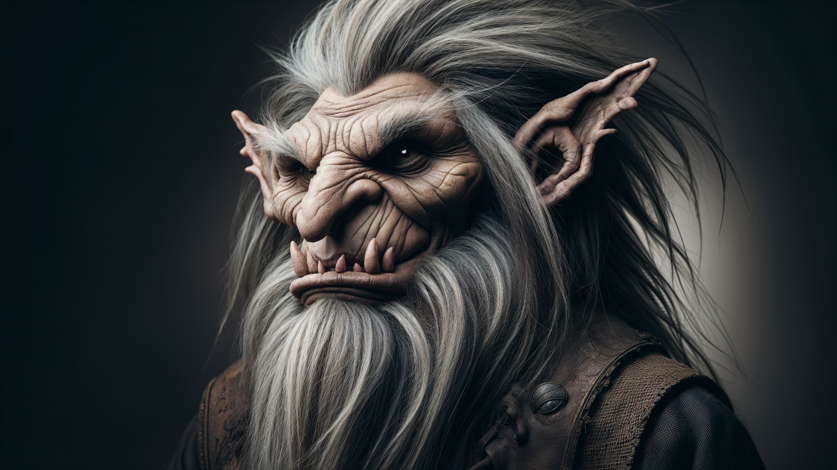 Fantastical creature with rugged face and white hair