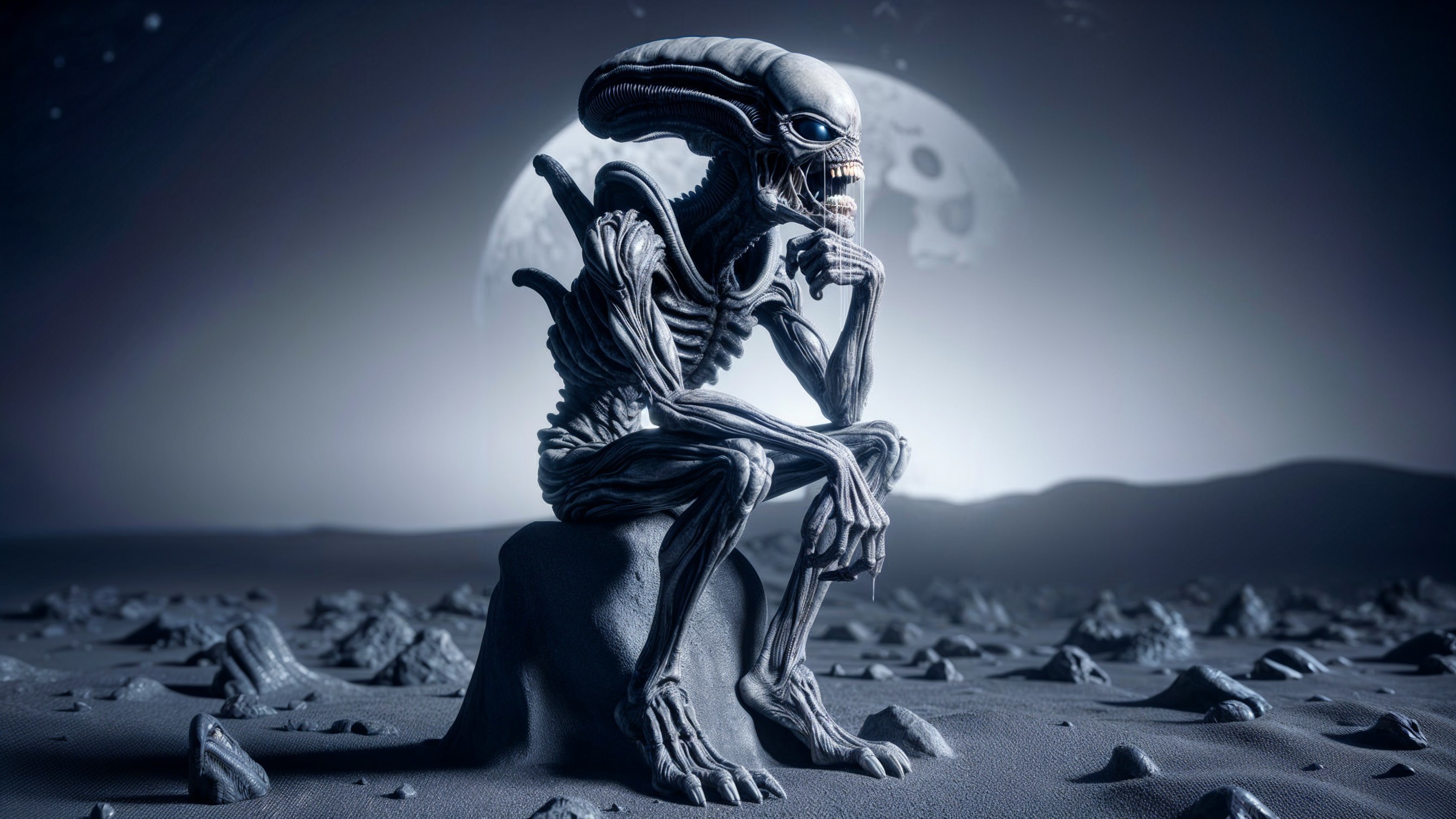 Alien Figure on Rocky Surface in Lunar Landscape