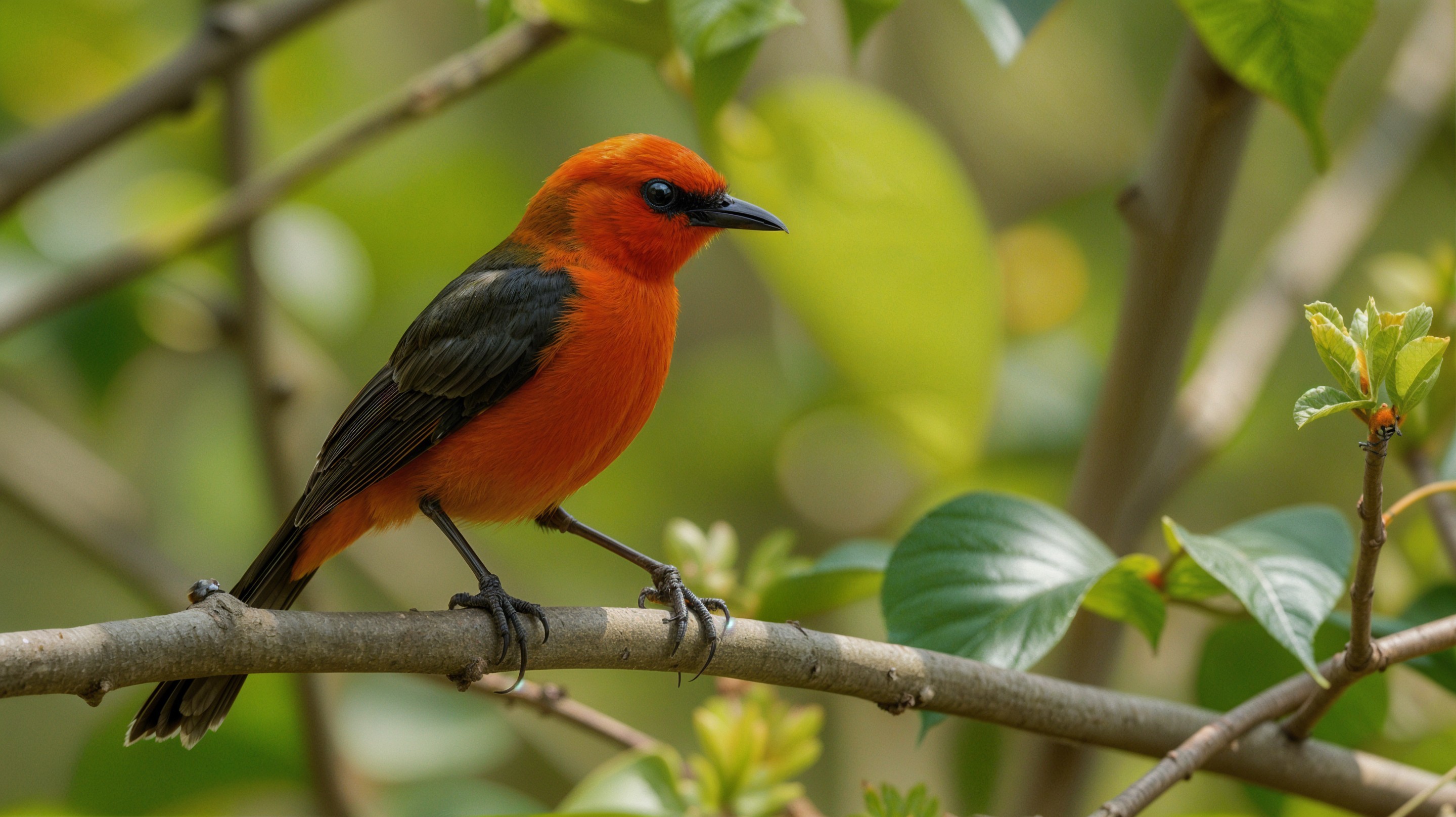 Vibrant Bird with Orange Plumage on Green Branch