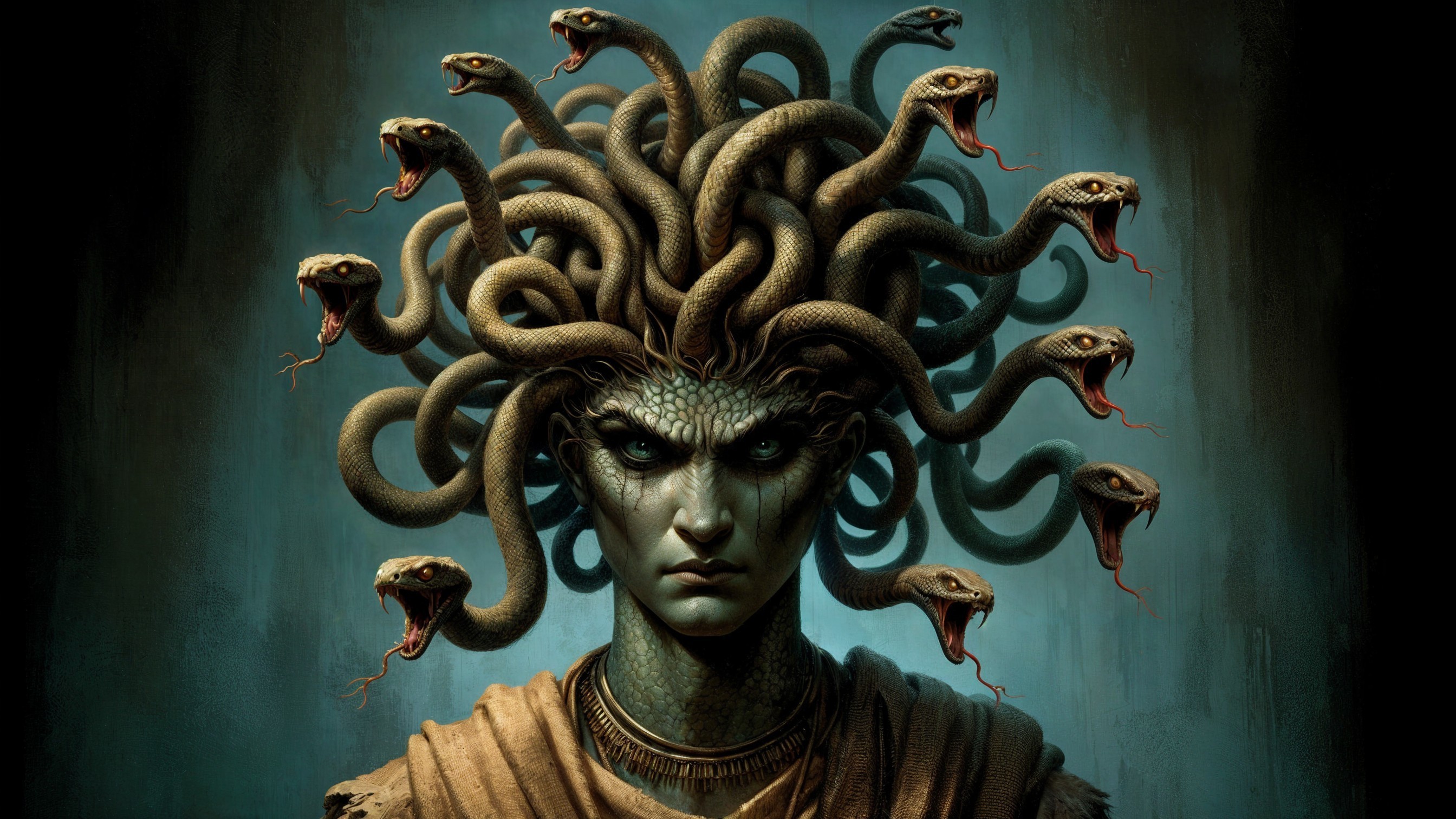 Mythical figure with snake hair and intense gaze