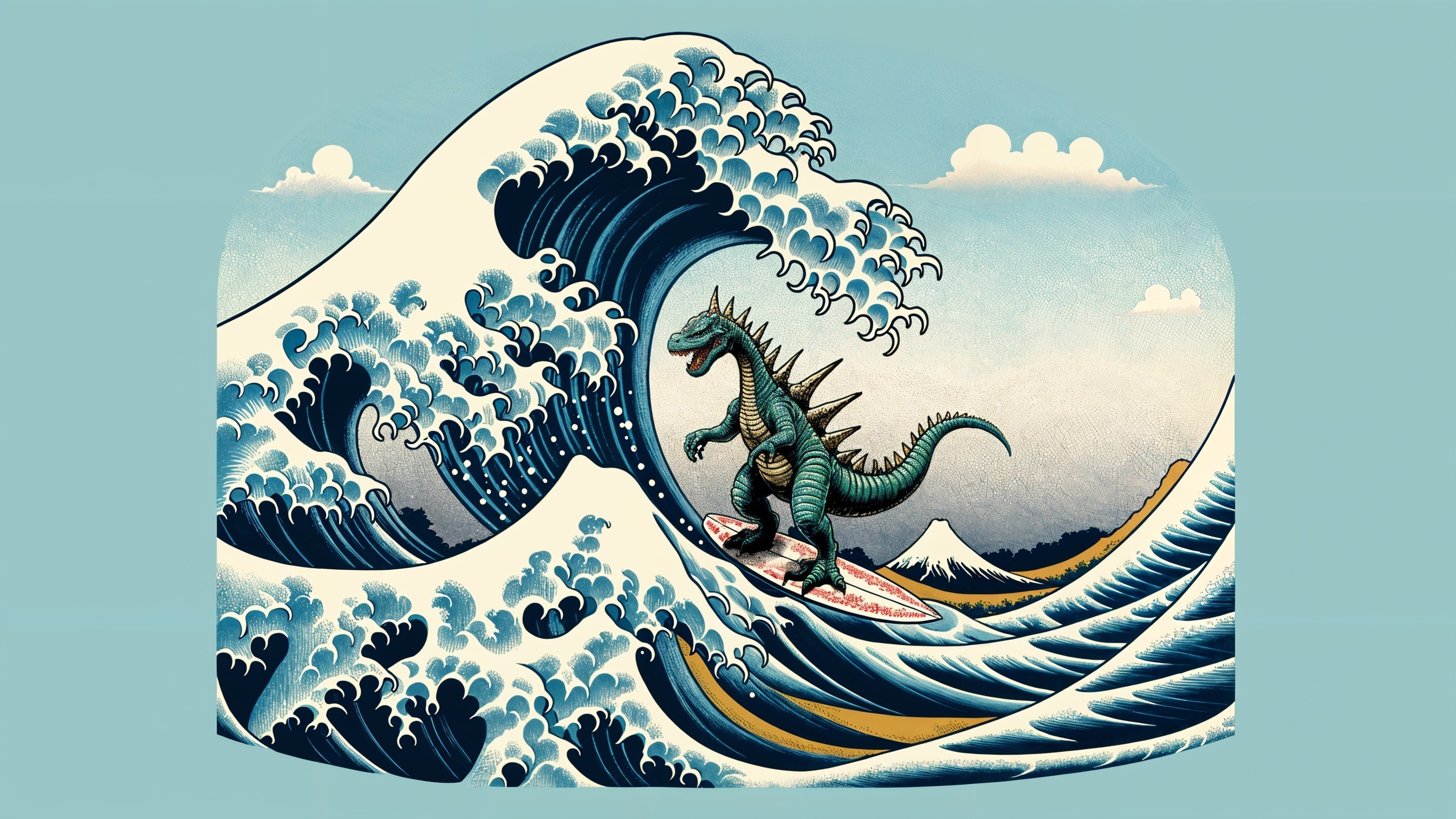 Dinosaur Surfing on a Giant Wave in Retro Illustration