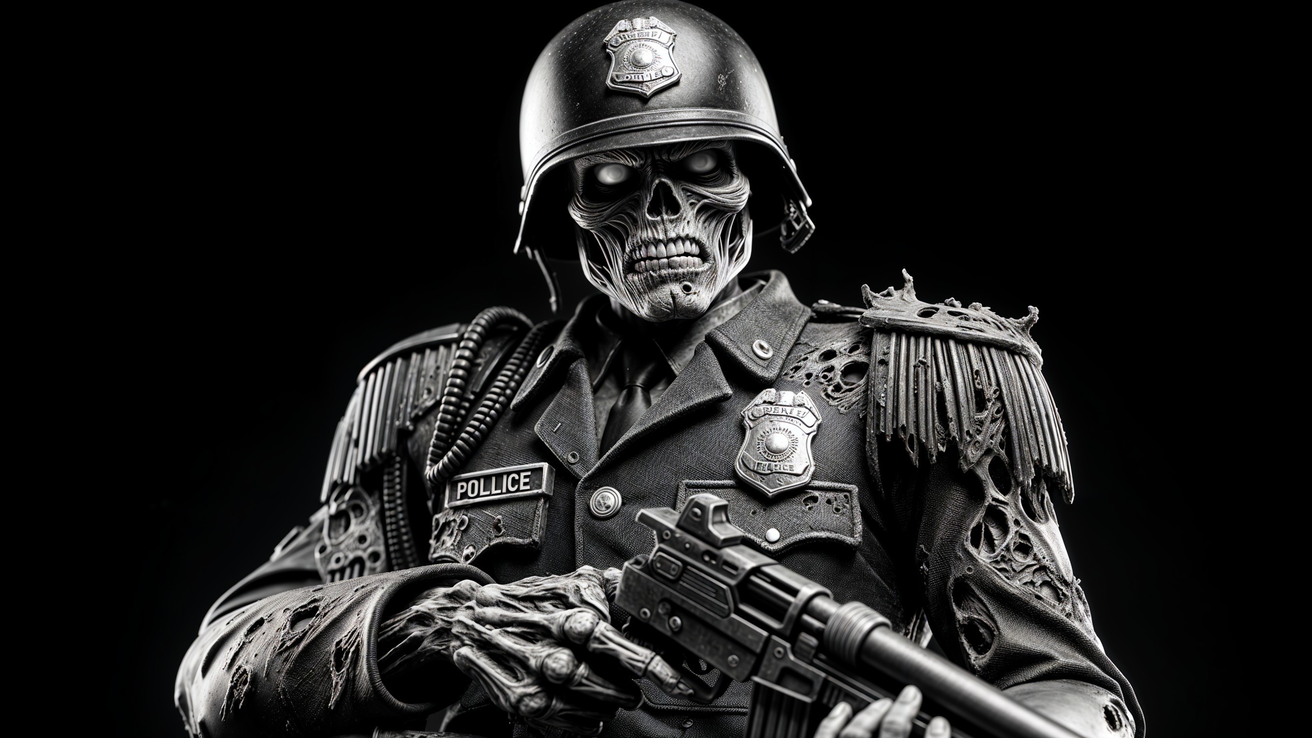 Skeletal Police Officer in Macabre Uniform Design