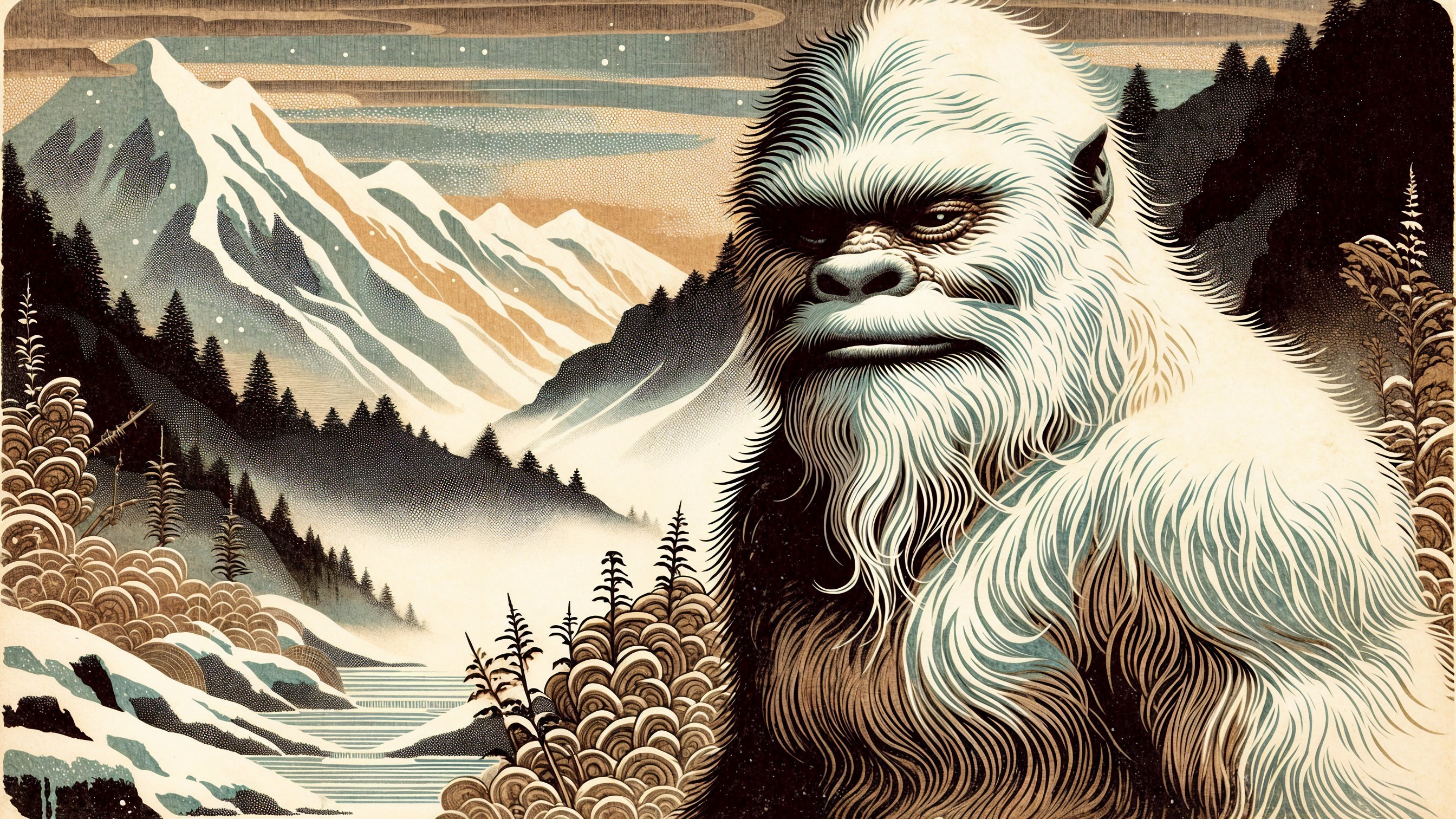 Majestic yeti in serene mountain landscape at dusk