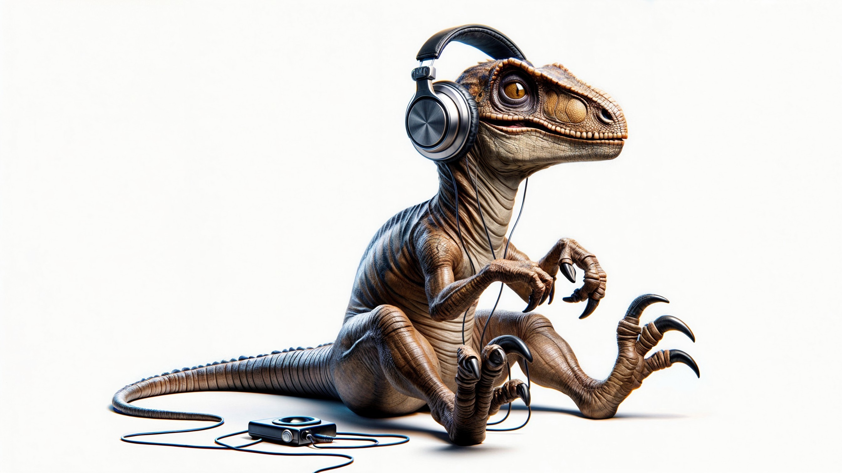 Dinosaur with Headphones Engaged in Music Listening