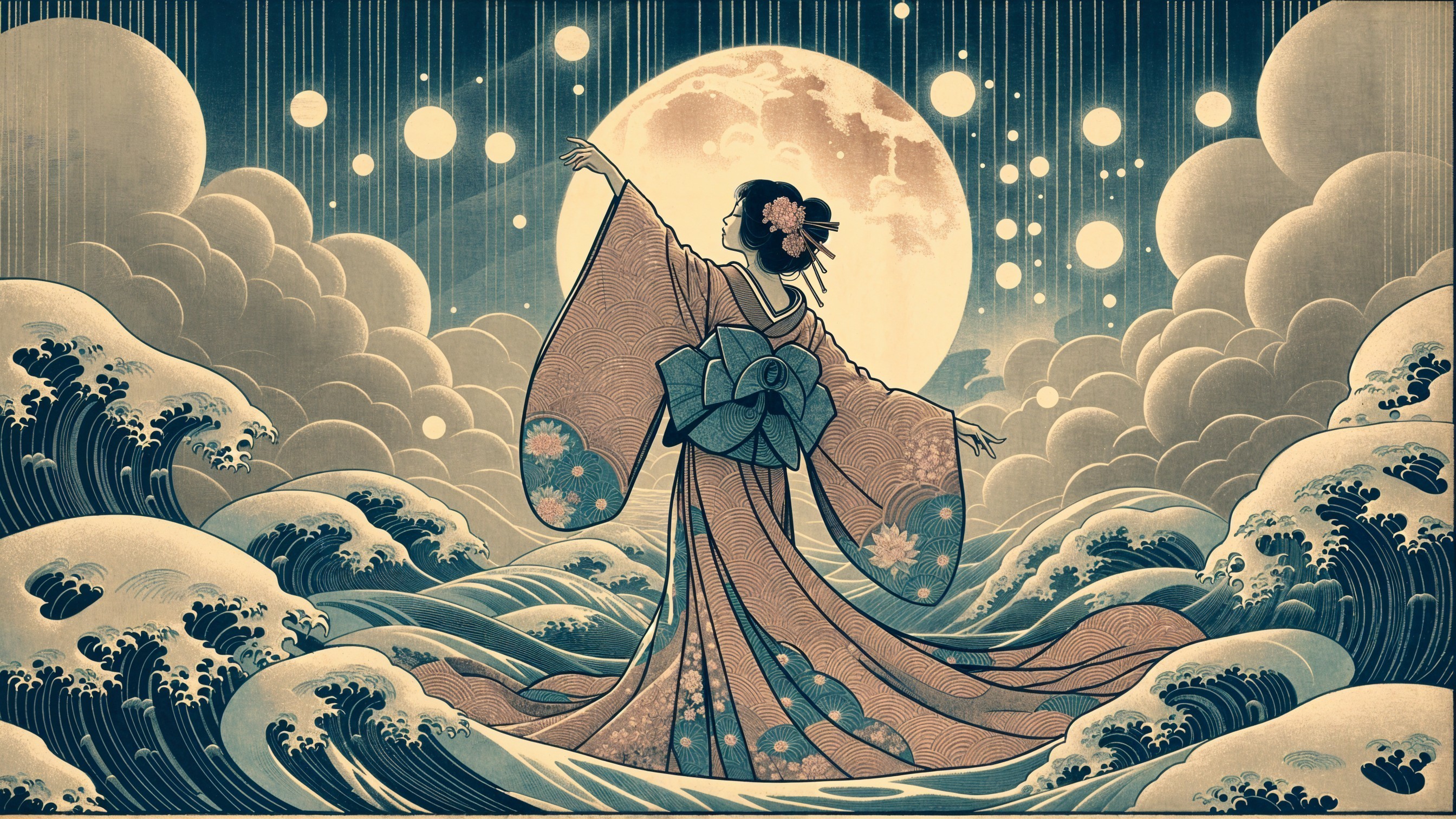 Woman in Kimono Reaching for Full Moon and Waves
