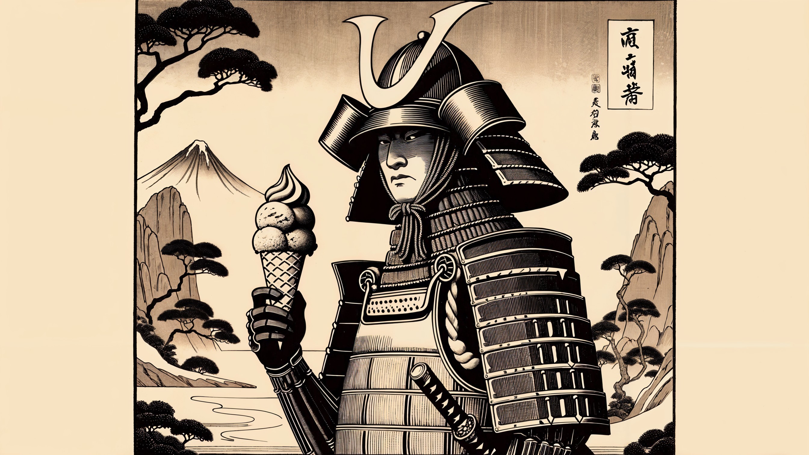 Samurai in Armor with Ice Cream in Serene Landscape
