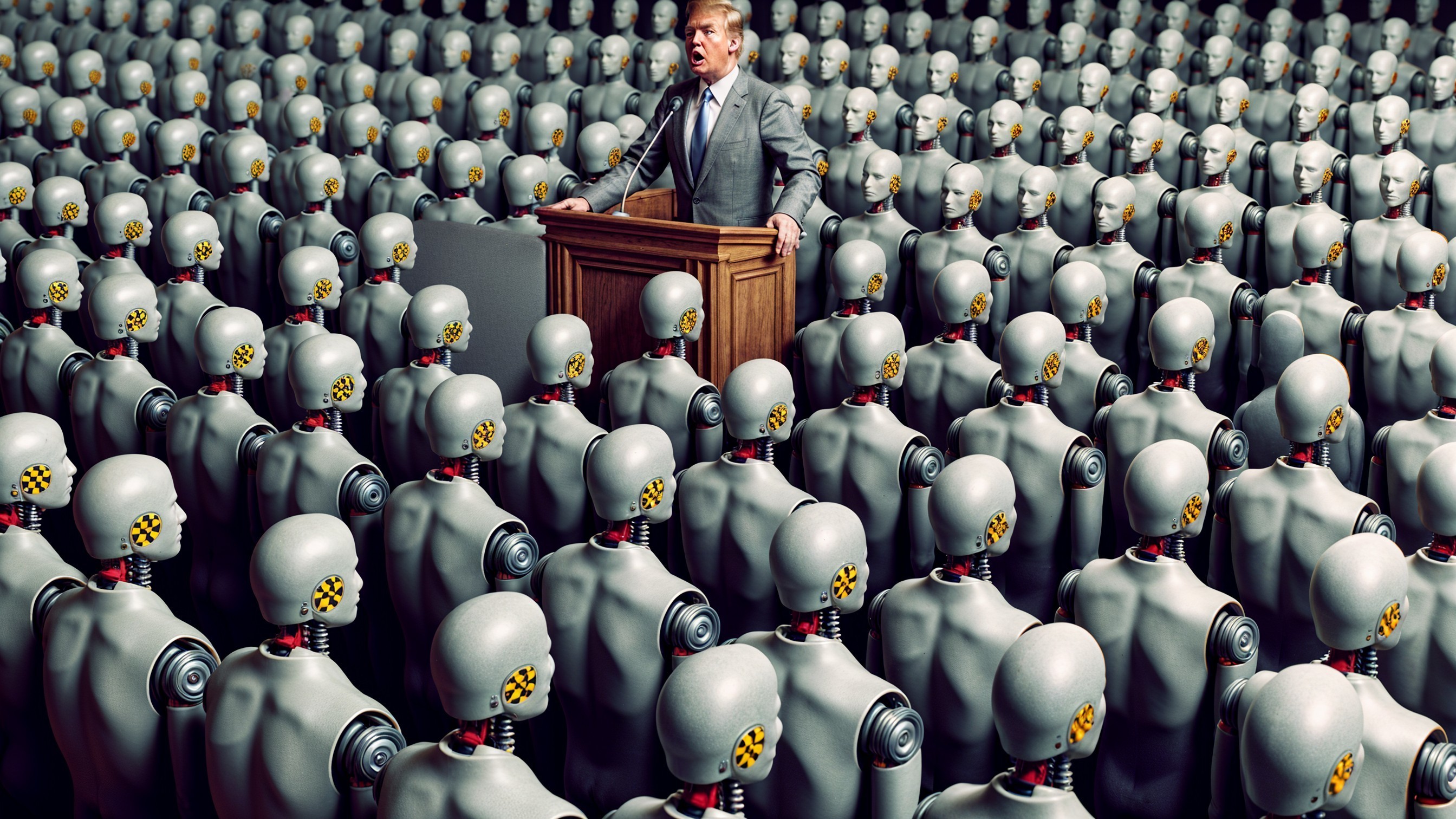 Political Leader Addresses Humanoid Robot Audience