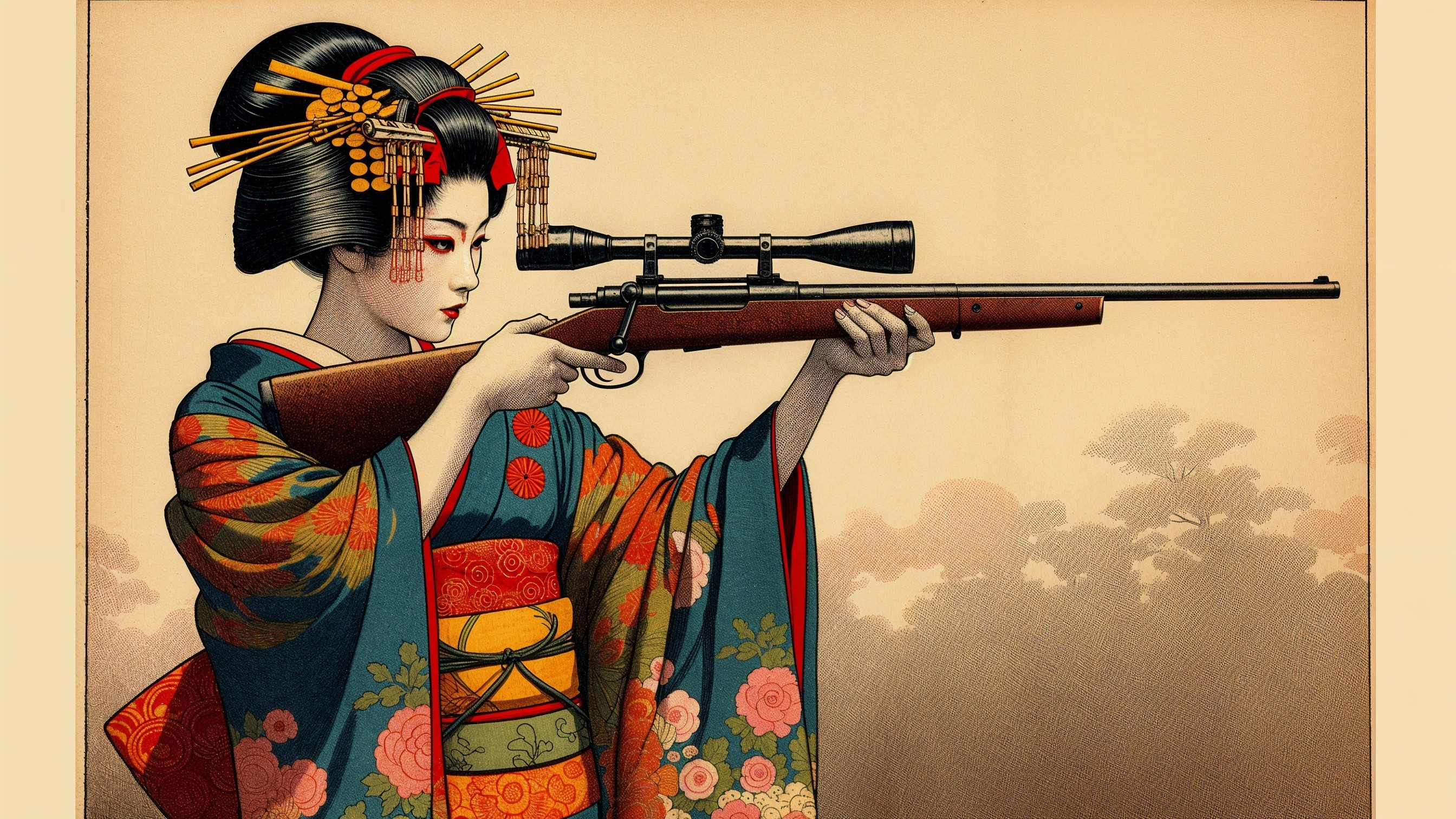 Woman in Traditional Kimono Aiming Vintage Rifle