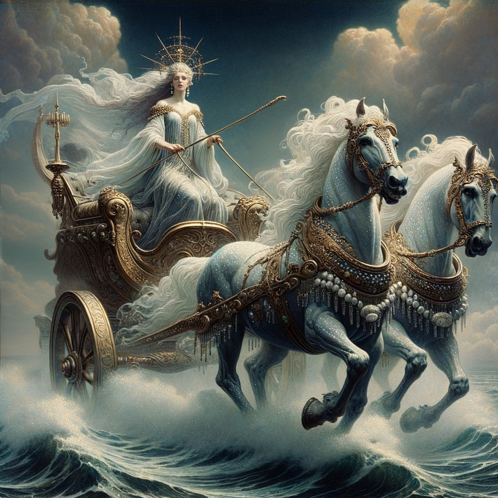 Majestic figure in white robes on ornate chariot