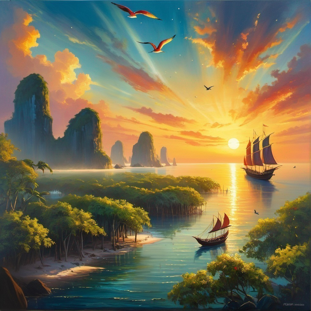Vibrant Sunset Over Tranquil Waters and Sailboats