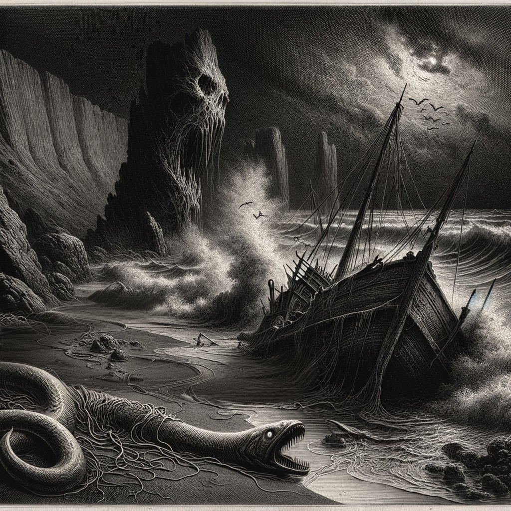 Sunken Ship and Serpent Creature in Stormy Seascape