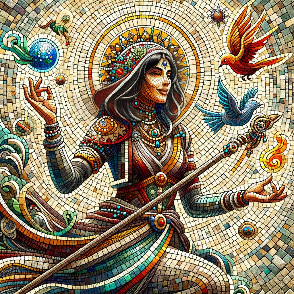 Vibrant Mosaic of a Divine Figure with Birds
