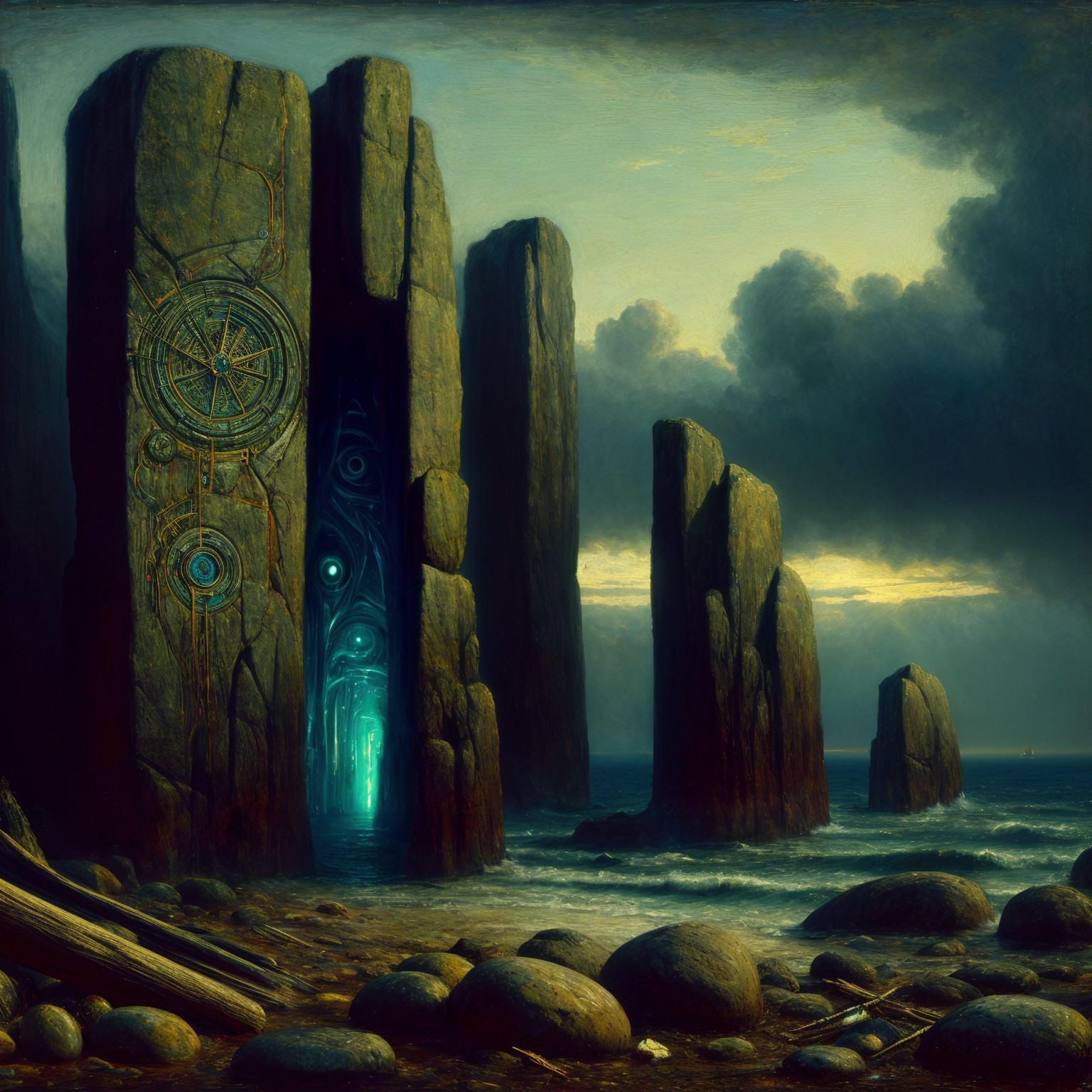 Mysterious Coastal Landscape with Stone Monoliths