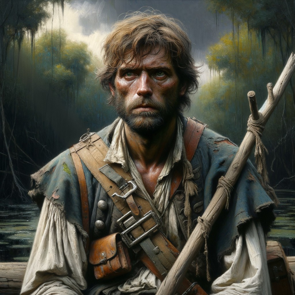Rugged Man in Misty Swamp with Makeshift Spear