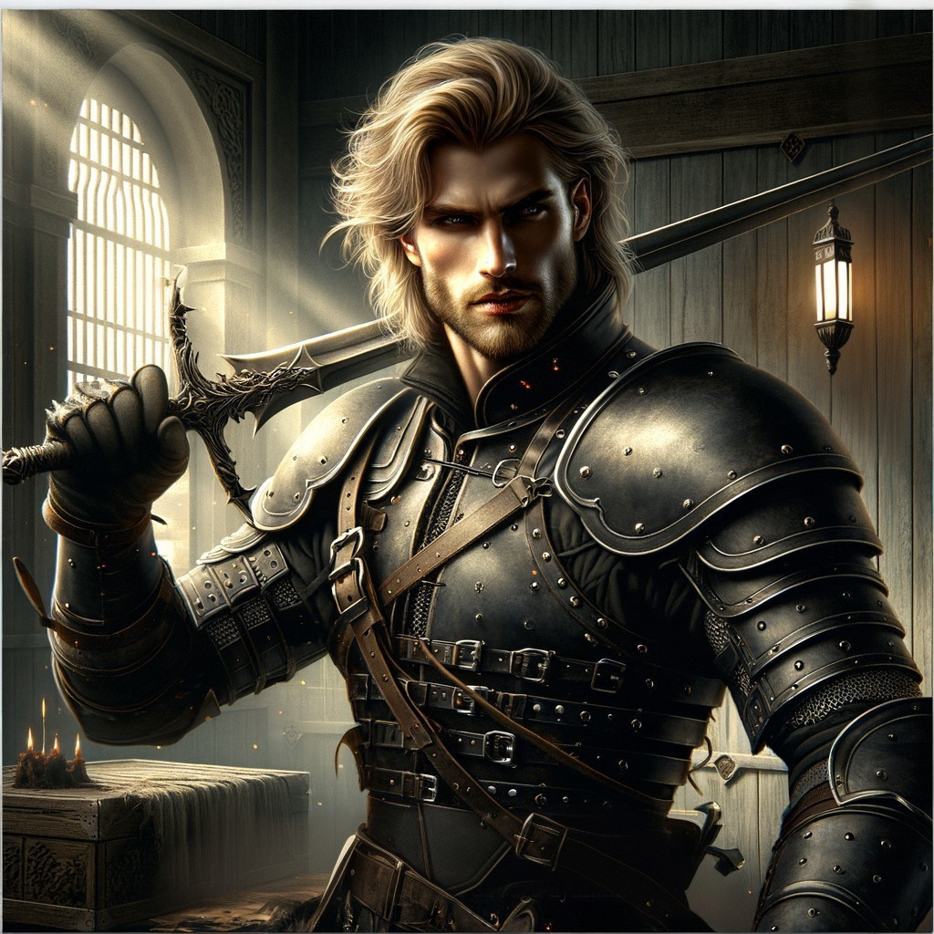 Warrior in Black Armor with Sword in Dimly Lit Room