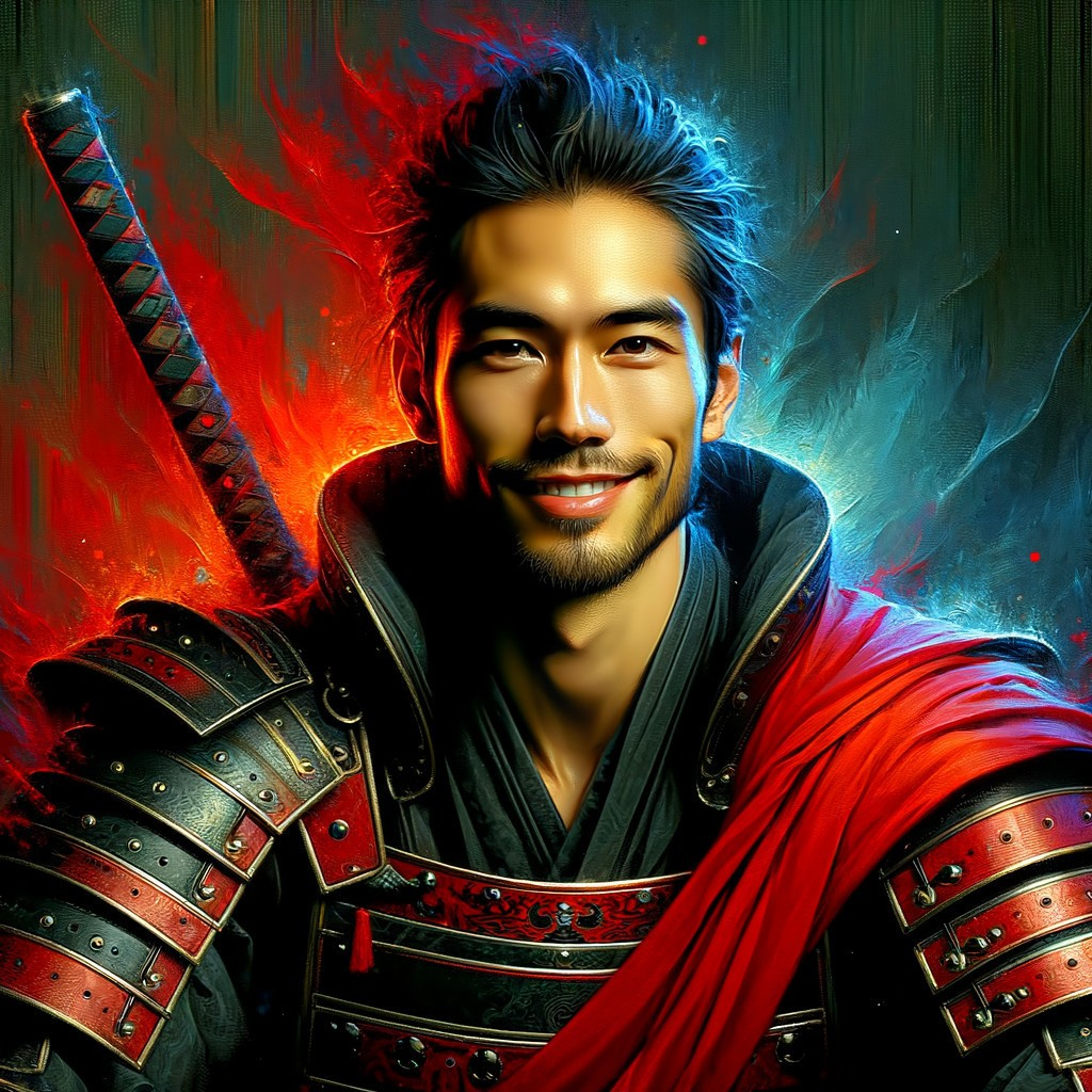 Confident Warrior in Vibrant Samurai Armor and Colors