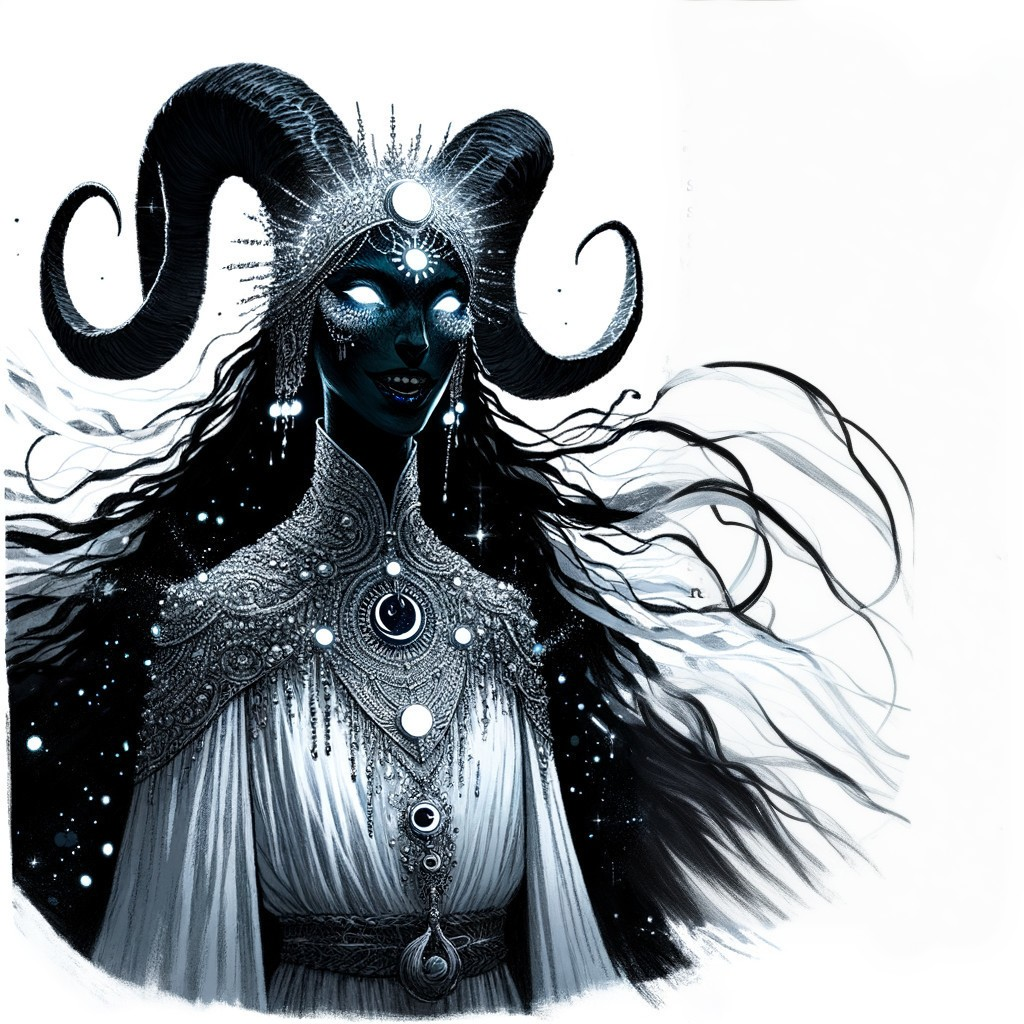 Mesmerizing figure in silver jewelry and celestial headdress