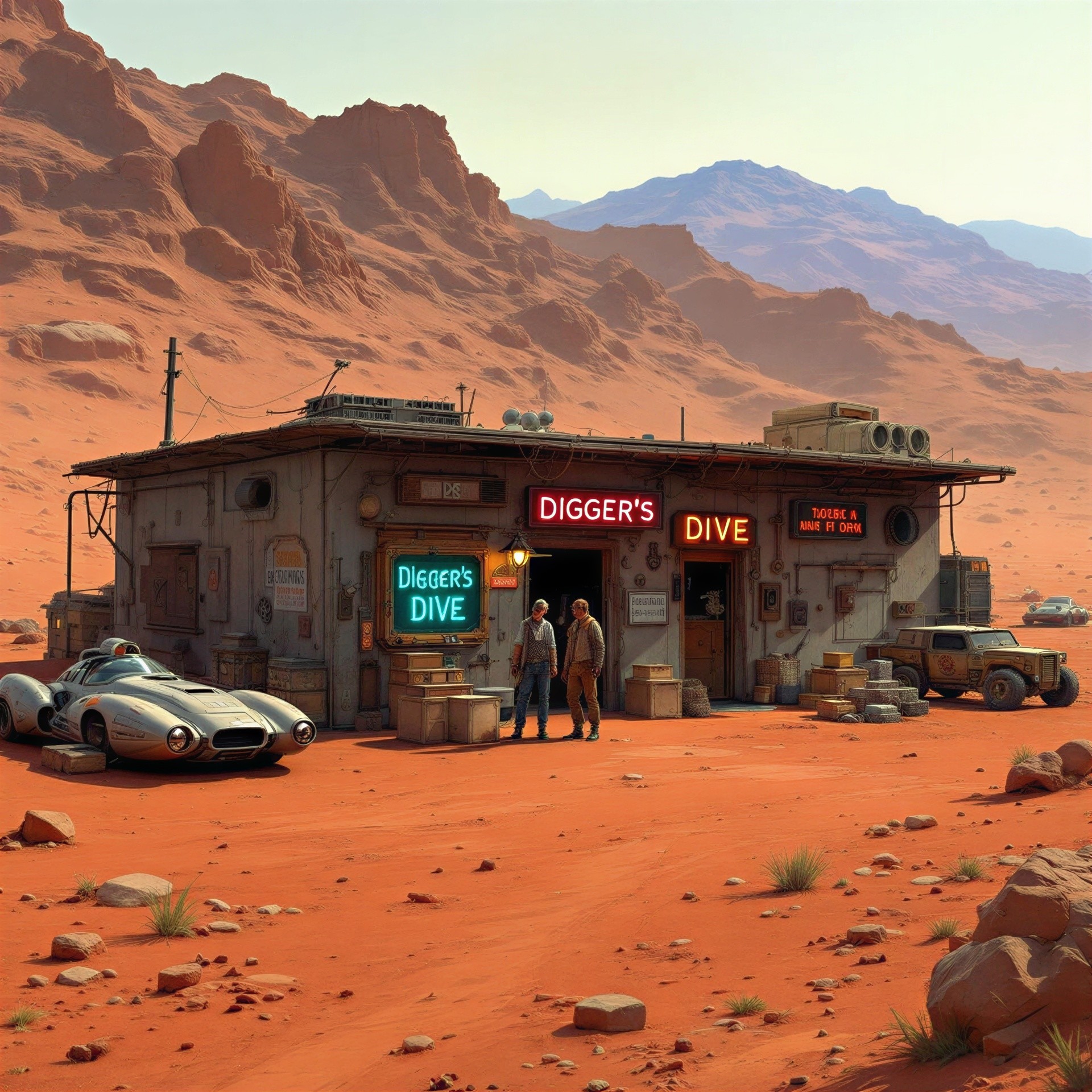 Rustic Building in Red Desert with Neon Signs and Vehicles