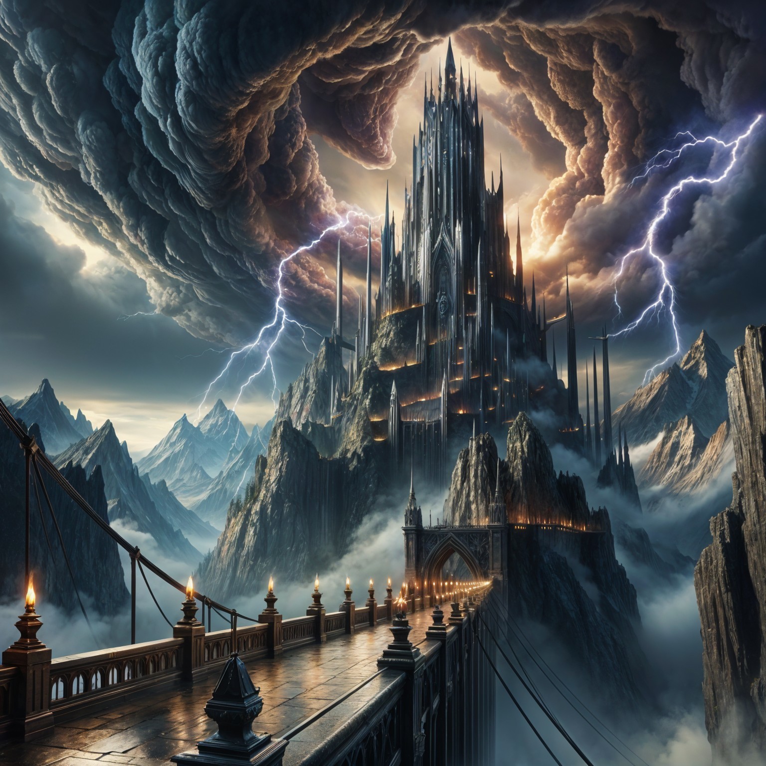 Dark Fortress Surrounded by Stormy Mountains and Mist