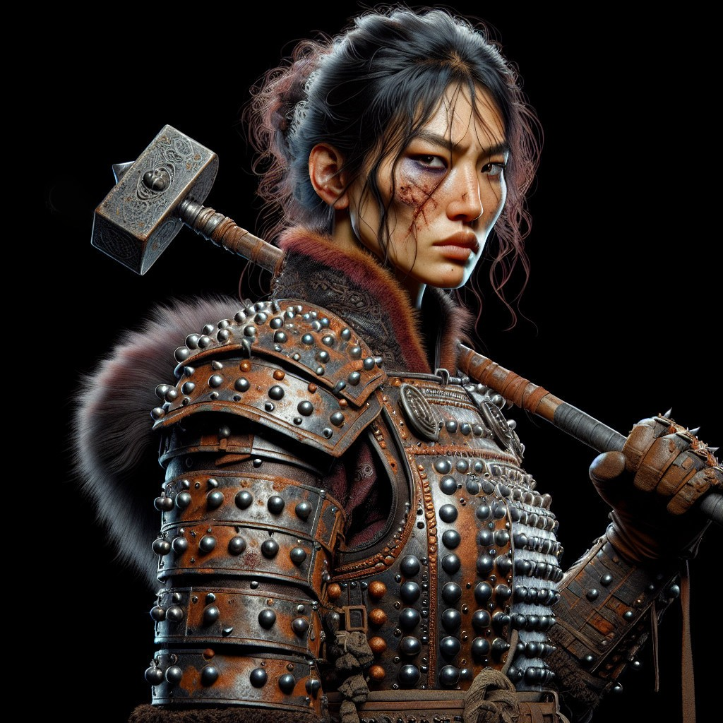 Fierce Warrior in Weathered Armor with Hammer