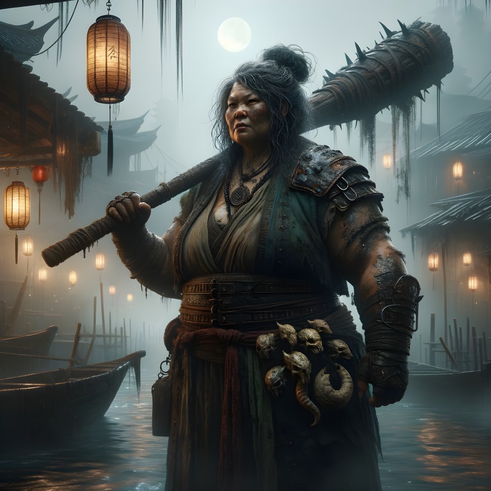 Warrior in Misty Village with Spiked Mace and Lanterns