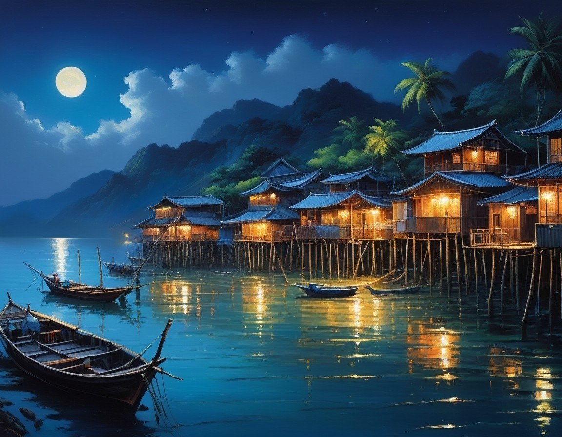Nighttime Coastal Scene with Stilt Houses and Moonlight