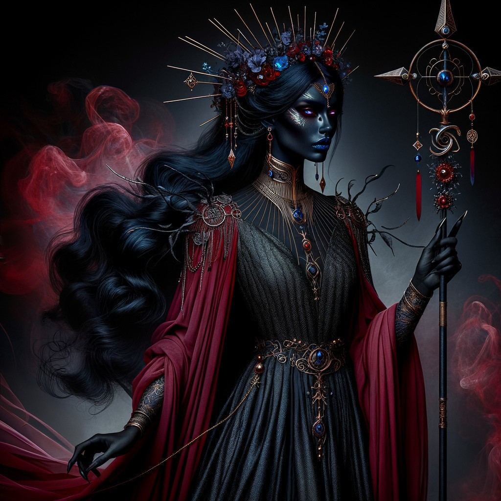 Majestic figure in dark setting with flowing gown and staff