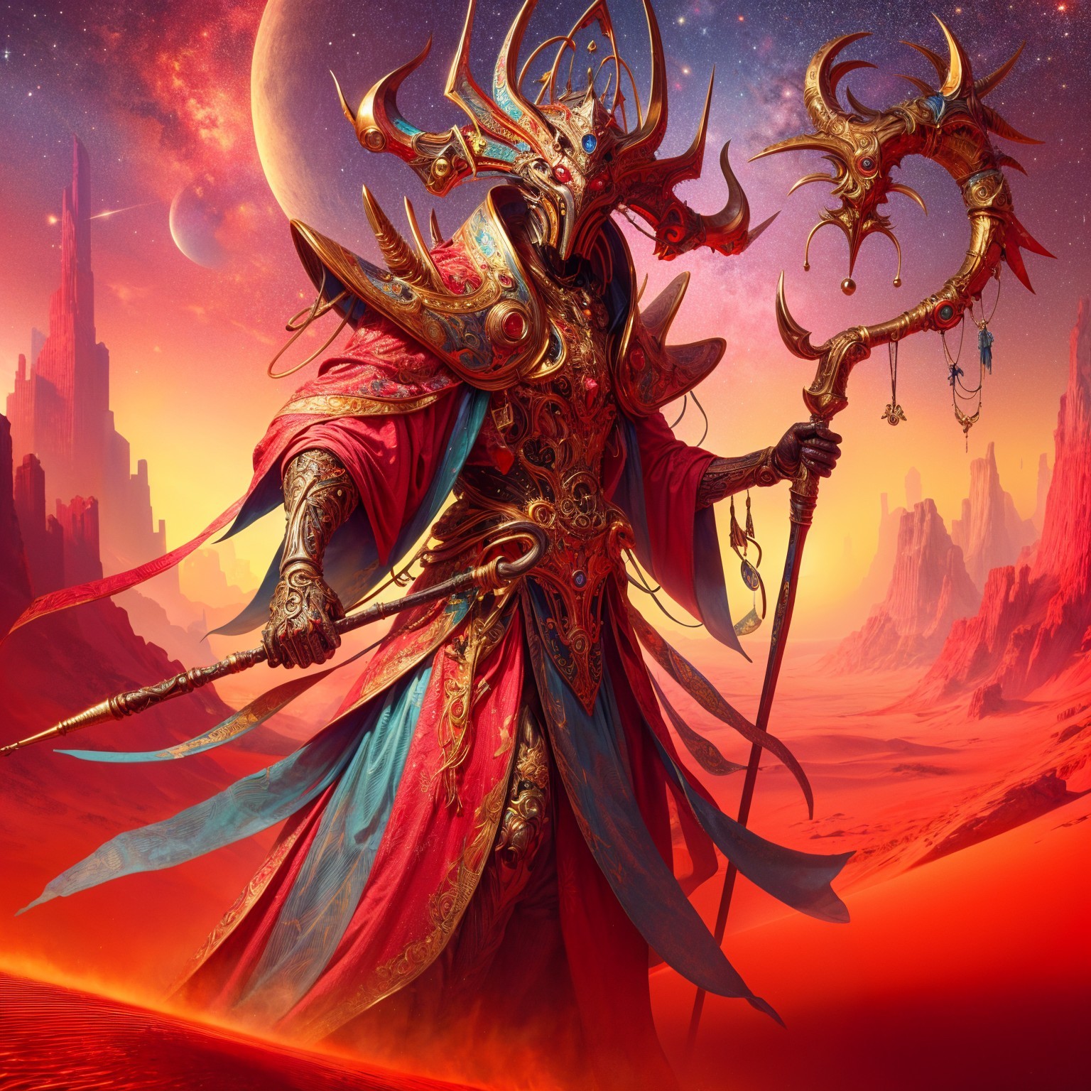 Majestic Figure in Alien Landscape with Cosmic Colors